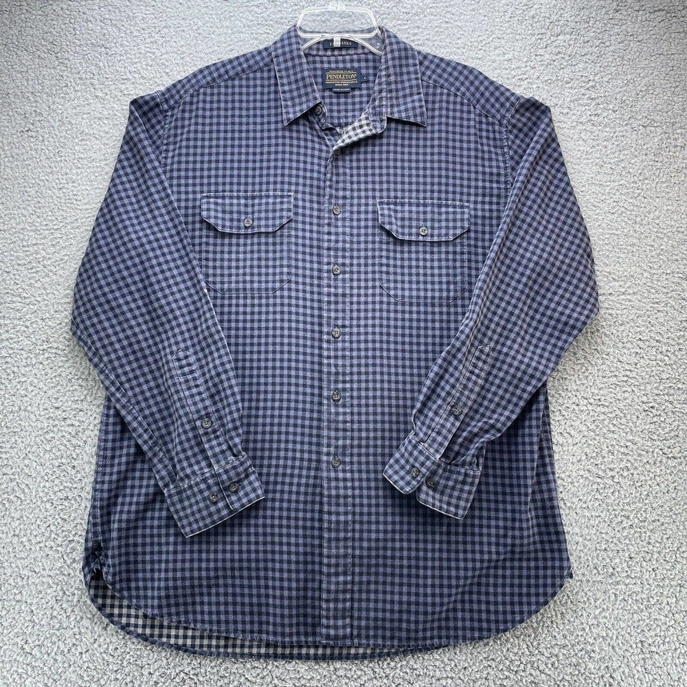 Pendleton Shirt Mens Large Blue Check Fairbanks Flannel Button Up Cotton